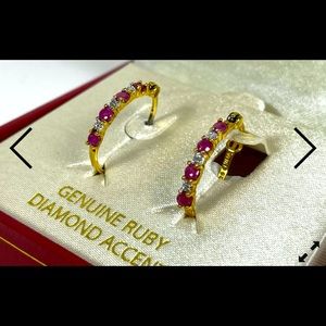 18k Gold Over Silver Ruby & Diamond Hoop Earrings